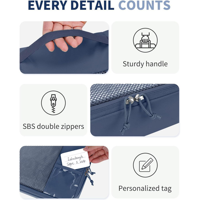 Набір органайзерів для валізи ECOHUB, 6 шт., дорожні компресійні сумки з ID-тегами, дихаючі органайзери для одягу та рюкзака з переробленого матеріалу (Синій)