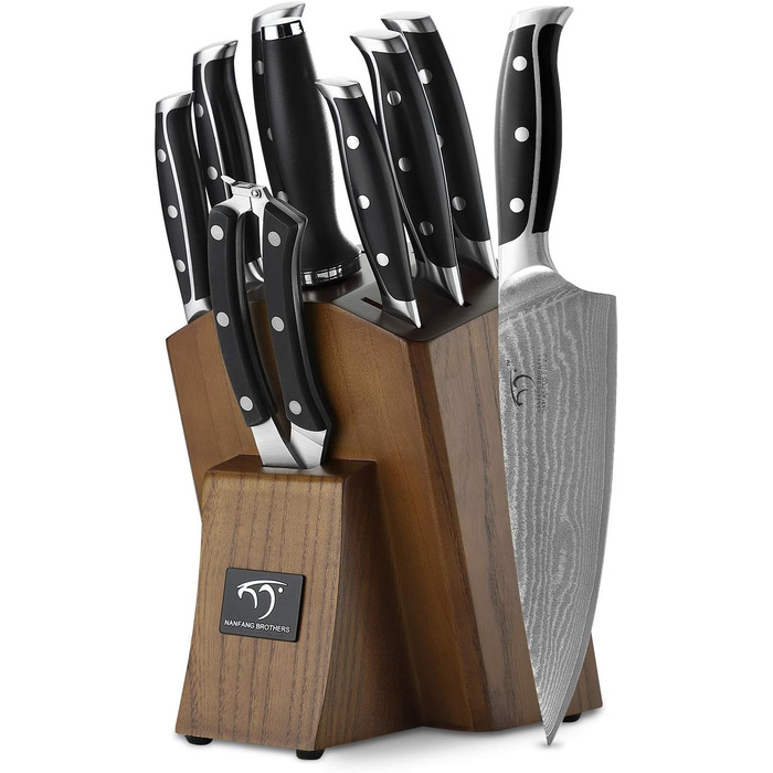 Набір кухонних ножів NANFANG BROTHERS 9 предметів з дамаської сталі та дерев'яною підставкою (сірий/коричневий)