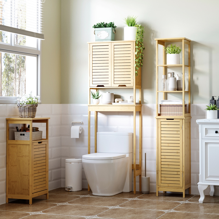 Шафа Kleankin Badschrank Bambus, 34 x 30 x 173 см, з 3 відкритими полицями та 1 шафкою, захист від перекидання, отвір для ручки, вільного стояння, для маленьких приміщень, натуральний колір | Aosom
