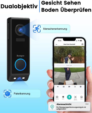 Відеодзвінок Bextgoo з подвійною камерою 2K HD, бездротовий, 10000mAh, IP67, з датчиком руху та нічним баченням