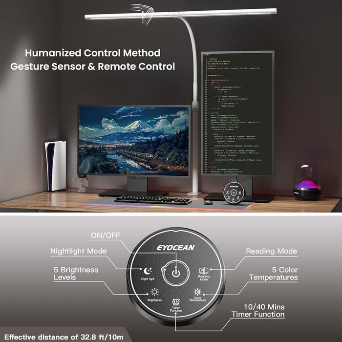 LED настільна лампа EYOCEAN 24W з жестами, 80см, регульоване денне світло, захист очей, для роботи, читання, архітекторів, дизайнерів