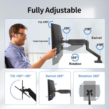 Кріплення для монітора Suptek MD01A: регульована підставка для моніторів 13-32 дюймів (до 9 кг) з газовою пружиною, 360° обертання, VESA 75x75/100x100 mm, чорний