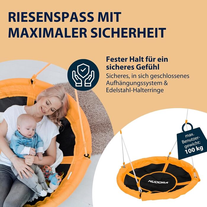 Шоукель HUDORA Nestschaukel 110 - зелено-помаранчевий, до 100 кг, діаметр 110 см, для дому та вулиці, регульована висота, сімейний, для дітей та дорослих