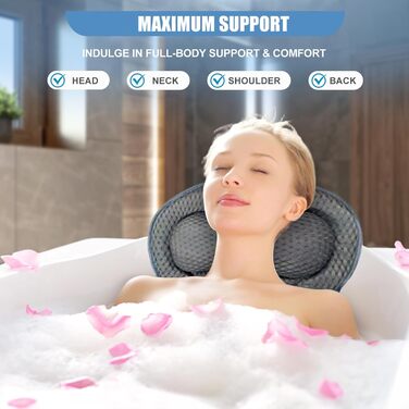 Подушка для ванни з піни memory foam, антиковзка, для шиї та спини, 4D вентиляція, 6 присосок, сіро-метеликовий колір