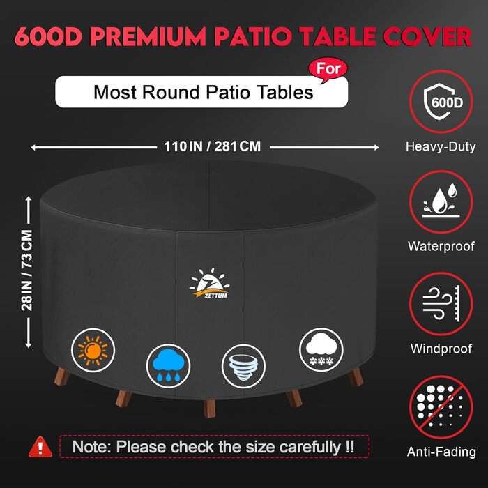 Чохол для садово-патіо меблів Zettum, Ø281 x 73 см, 600D Oxford, водонепроникний, захисна накривка для садового столу та комплектів меблів