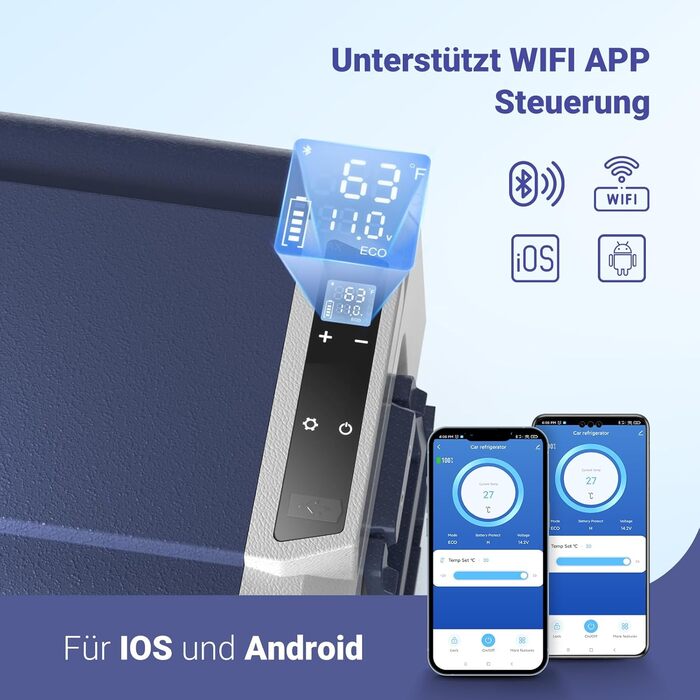 AAOBOSI Компресорна холодильна сумка 60 л з Wi-Fi, 12/24/240 В, -20°C до 20°C для авто, кемпінгу, човна, RV, з двозонною системою охолодження