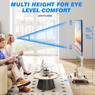 Підставка для телевізора на колесах з полицею, телевізійна тумба, мобільна підставка для телевізора 27-55 дюймів, до 40 кг, VESA 400x400 мм (Бежева)