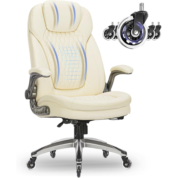 Крісло для офісу Colamy: ергономічне крісло з дихаючої шкіри, підголівник, регульовані підлокітники та м'яке сидіння з пружинним блоком, для дому та офісу (слонова кістка)