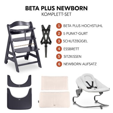 Високий стільчик для годування Hauck Beta+ Newborn Set Premium Dark Grey - комплект для новонароджених, з підставкою для ніг, м'яким сидінням та підносом - сірий колір