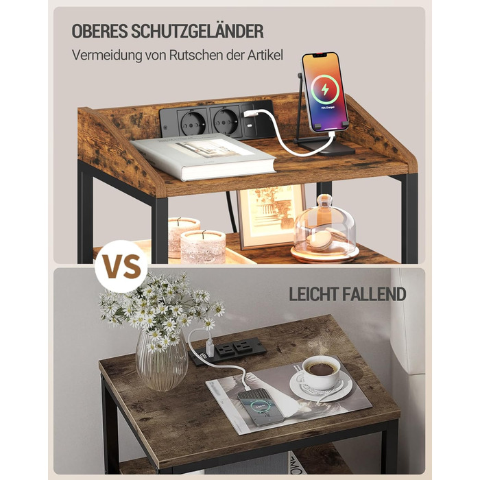 Приліжкова тумбочка Hzuaneri з LED-підсвіткою та функцією зарядки, 3 висувні ящики з тканини, USB-порти та розетки, для спальні/вітальні, чорний/коричневий, NS36301BEU, 1 шт.