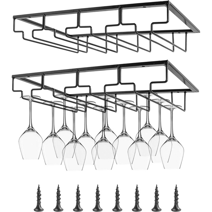 Тримач для винних келихів підвісний 4 ряди чорний з гвинтами, металевий тримач для склянки для шафи, 2 шт.