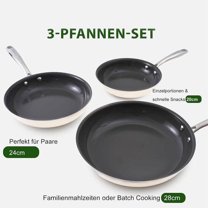 Набір каструль Cookersway: 20, 24, 28 см, керамічне покриття, без PTFE, PFOA, PFAs, для плити та духовки