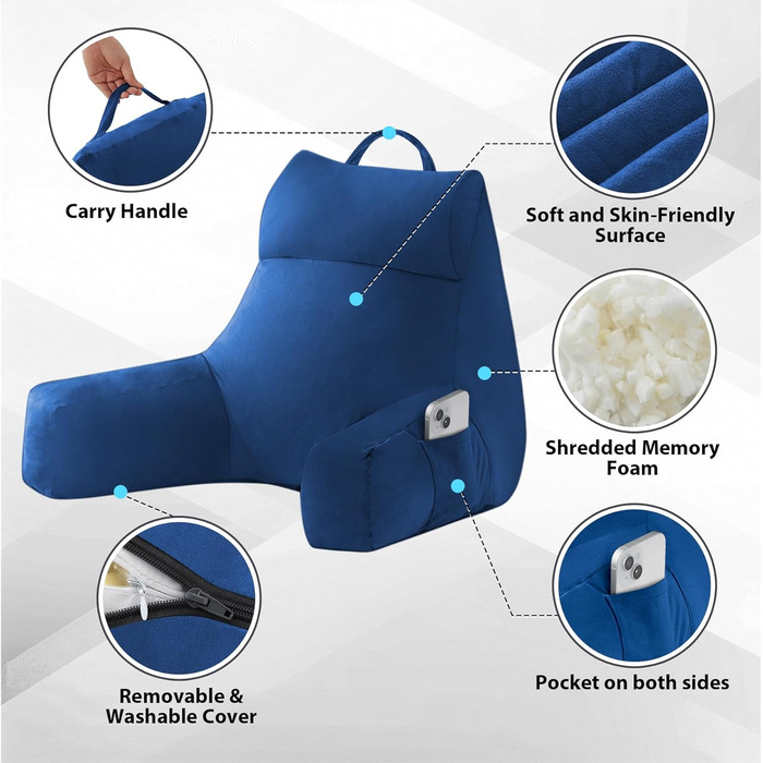 Подушка для читання з підлокотниками для дорослих, спинна подушка для відпочинку в ліжку, подушка з піною з пам'яті з кишенями та знімним, пральним чохлом, для відпочинку, перегляду телевізора
