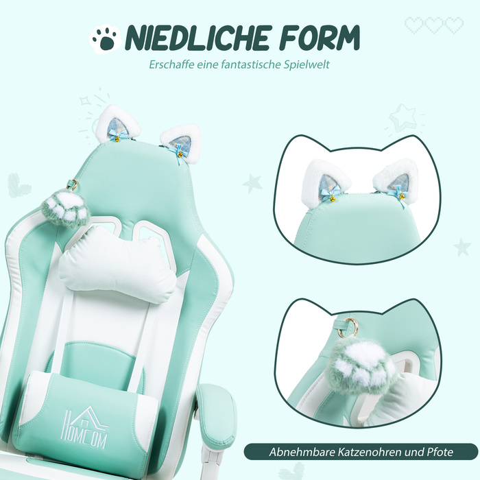 Ігрове крісло HOMCOM з котячими вушками, регульованою спинкою, висувною підніжкою, максимальною вагою до 120 кг, колір - морська хвиля