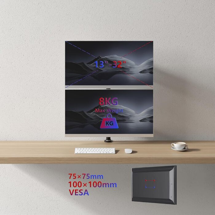 Тримач для моніторів Duronic DM35V2X1 (2 шт.) | Вертикальна підставка для двох моніторів, регульована, з гнучкими з'єднаннями, VESA 75x75, 100x100, для офісу та дому