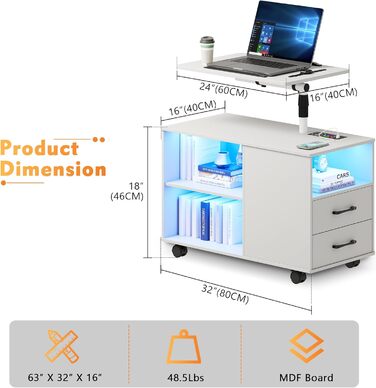 Приліжкова тумбочка Lvifur LED з функцією зарядки, RGB, 2 ящики, поворотний лоток для ноутбука, білий
