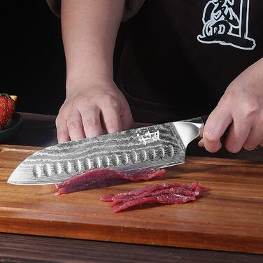 Дамаскенський сантоку 18 см - професійний ніж для кухні з дерев'яною ручкою, високовуглецева сталь, VG10, нержавіюча сталь