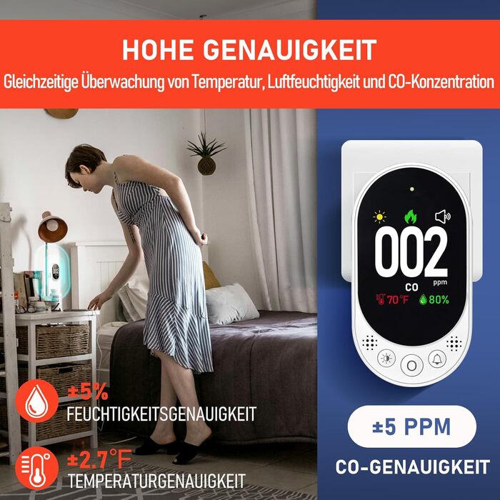 Детектор чадного газу 3-в-1 з HD-дисплеєм, візуальним та звуковим сигналом (CO-метр, температура, вологість) для дому та подорожей