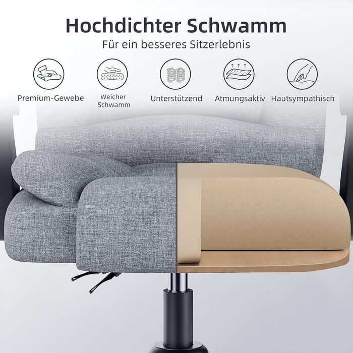 Офісний крісло Rattantree з підніжкою, ергономічний, для комп'ютера, з підлокітниками, регульоване по висоті, для керівника, тканинне (сірий, без підніжки)