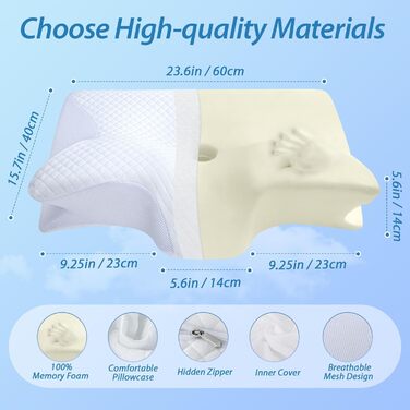 Ортопедична подушка HOMCA 2 в 1 з Memory Foam для сну на спині, боці та животі, 60x40x12/14 см, біла