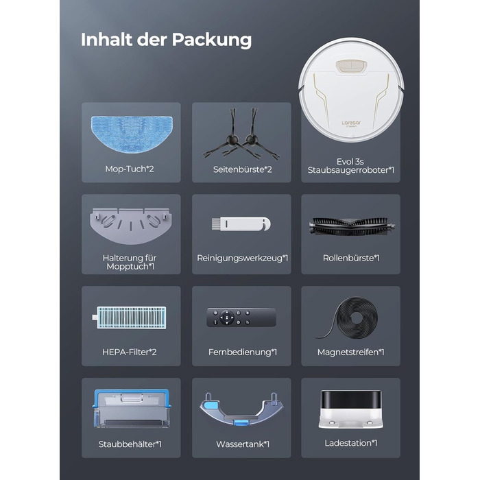 Робот-пилосос Laresar Clean з функцією миття, 4000Pa, 150 хв роботи, керування через додаток, для твердих підлог, килимів та шерсті тварин (білий)