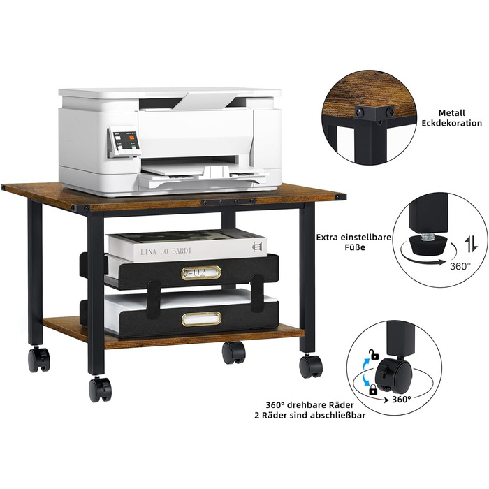 Стіл для принтера LELELINKY з роликами, мобільний двоярусний стійка для принтера, підставка для принтера з фіксуючими колесами, візок для принтера для офісу, факсу та дому, 52,5 x 40 x 36 см, Колір: Коричневий