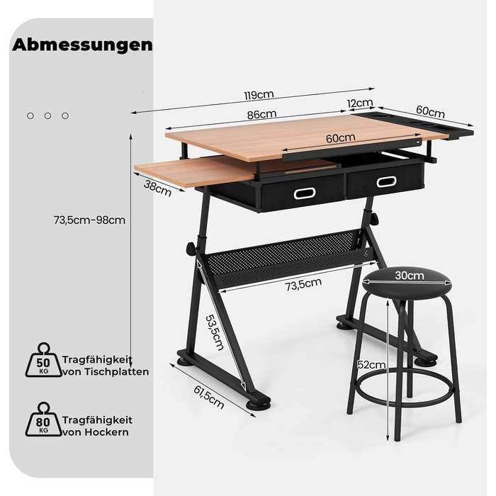 Стол для малювання RELAX4LIFE з регулюванням висоти та нахилу, з ящиками та пуфом, 110 x 69,2 x 73,5-98 см, професійний стіл для художника з двома столешницями, дерев'яний