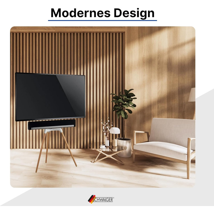 Підставка для телевізора Schwaiger 658200: дерев'яна стійка-монопод для телевізорів до 65 дюймів, до 35 кг, з кріпленням для саундбару, білий/бук, справжнє дерево, преміум-якість