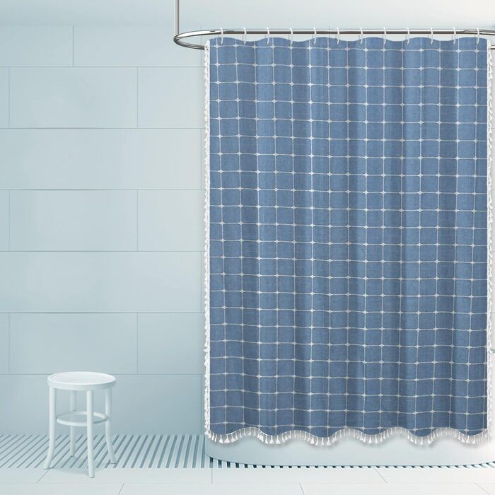 Завіса для душу Sage Green - Фермерський стиль Boho Modern з льону для ванної кімнати, Вантажна завіса для душу в стилі вінтажного села з бахромою - Елегантна богемна тканинна завіса для душу 48x72 (H213 x B183 cm (1er Pack), Blau)