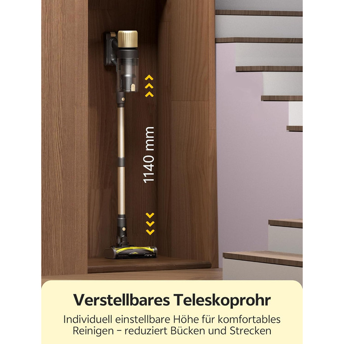 Бездротовий пилосос Ultenic з акумулятором, 50000Pa, 65 хв роботи, GreenEye, телескопічна труба, 6-ступенева фільтрація, антизаплутувальна щітка, для шерсті тварин/килимів/твердих поверхонь, колір шампань