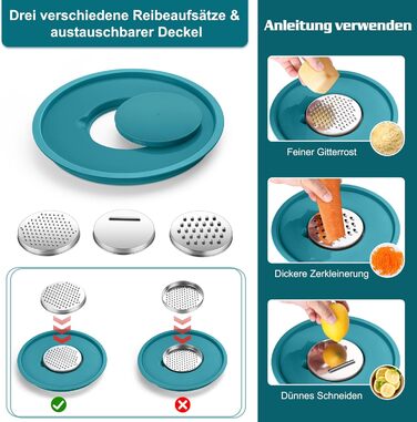 Набір мисок Homikit, 5 шт. з нержавіючої сталі, з кришкою та силіконовим дном, мультифункціональний, для салатів, 6.6L / 3.5L / 2.5L / 1.5L / 1L (блакитний, з 3 тертками)
