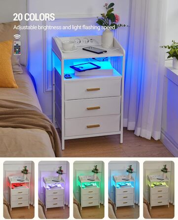 Приліжкова тумба з LED-підсвіткою, USB і розетками, 3 текстильні шухляди, полиці, для спальні та вітальні, біла NS31013W