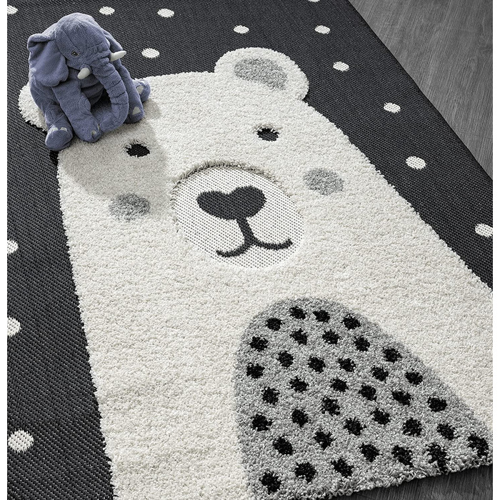 М'який затишний дитячий килим the carpet Lou, м'який затишний ворс, легкий у догляді, стійкий до фарбування, 3D-зовнішній вигляд, візерунок, Кремово-чорний, (160 х 230 см, ведмідь)