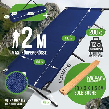 Польове ліжко XXL 200 кг, складане, 210x70/100 см – легке розкладне ліжко для кемпінгу