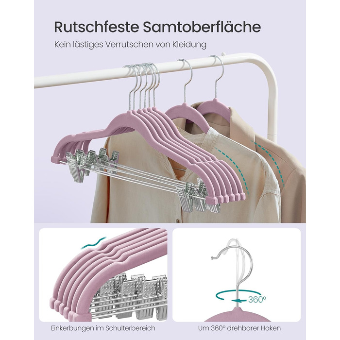Плечики SONGMICS для одягу, 20 шт., велюрові, для штанів, пальто, суконь, 42,5 см, з регульованими кліпсами, неслизькі, економні, CRF012B20