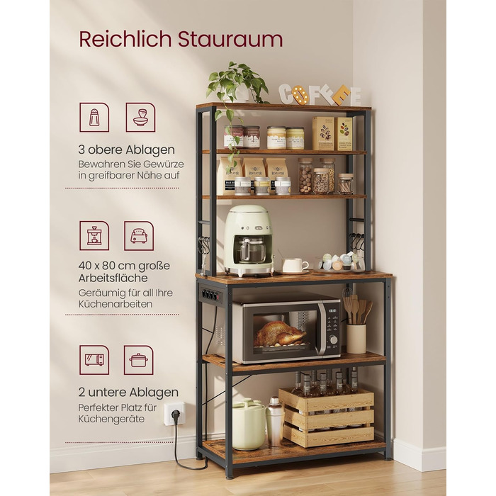Стелаж кухонний VASAGLE з розетками, 6 полиць, гачки, сталевий каркас, 40 x 80 x 167 см, вінтажний коричневий + чорний, KKS119K06 80B cm