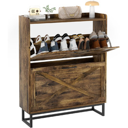 Шафа для взуття з 2 відкидними дверцятами, полиця для взуття в передпокій, вузька шафа-кіпер для взуття з 4 полицями, тумба для взуття з металевими ніжками, органайзер для взуття з дерева для стіни, 80x23,8x101,7 см, Білий (Коричневий)