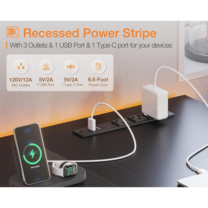 Комп'ютерний стіл ODK для геймінгу L-подібний з розетками, полицями та підставкою для ПК. Підходить для дому та офісу, компактний, 101,6 см