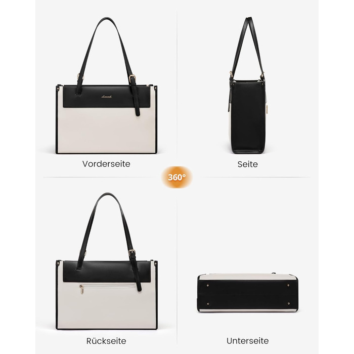 LOVEVOOK Сумка для ноутбука, жіноча велика водонепроникна сумка-шоппер з PU шкіри, для роботи, навчання, 15.6 дюймів (Чорний+бежевий)