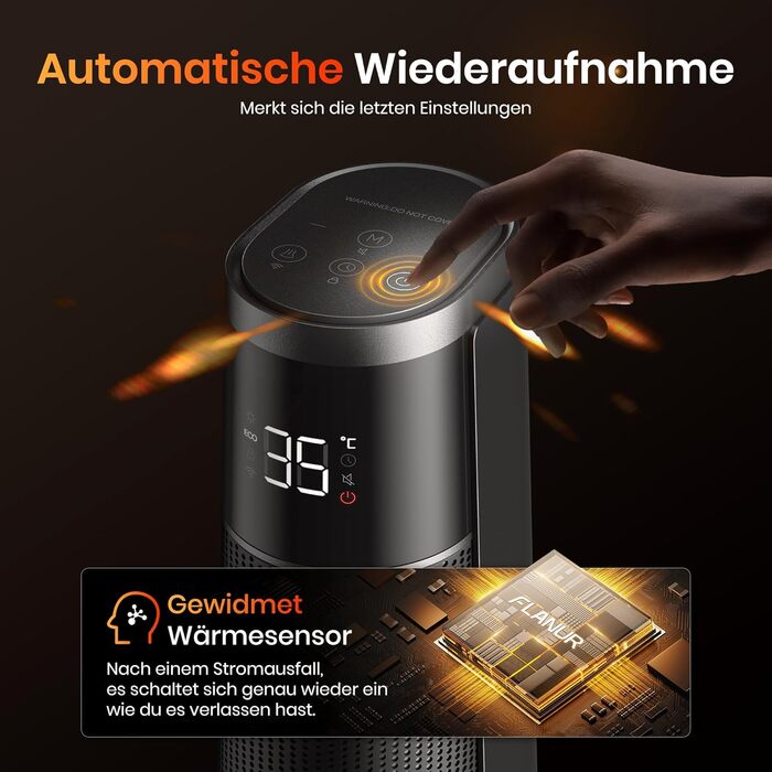 Електричний обігрівач PTC 2000W з керамічним нагрівачем, тихий, з термостатом та пультом дистанційного керування, ECO режим, 70° осциляція, 12h таймер, захист від перегріву та перекидання, чорний, 1 шт.