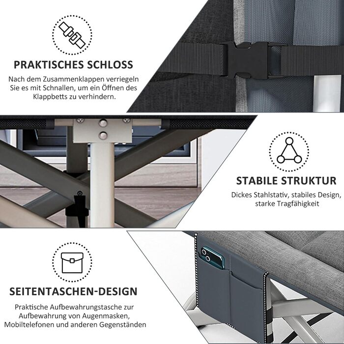 Розкладне кемпінгове ліжко CALIYO з матрацом, 200x80x40 см, витримує до 200 кг, сталевий каркас, тканина Оксфорд, сіре (з сумкою для зберігання)