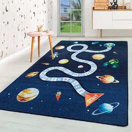 Дитячий килим HomebyHome з коротким ворсом, ігровий килим для дитячої кімнати, блакитна ракета-планета, Колір темно-синій, Розмір 140x200 см