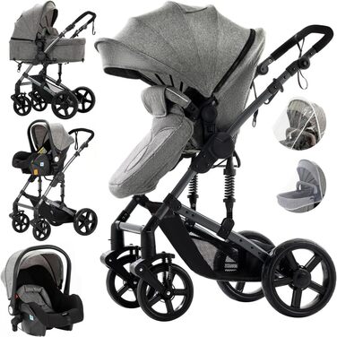 Дитяча коляска 3 в 1 з шасію-книгою та подвійною амортизацією, механізм складання одним кліком для новонароджених та малюків (Сірий)
