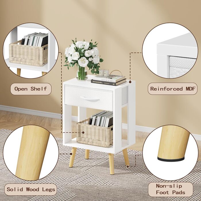 Набір з 2 приліжних тумбочок, 40x30x60.3 см. Тумбочки з шухлядою для спальні, дитячої кімнати. Білий колір.