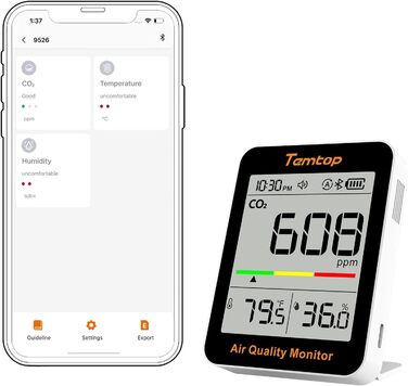 Temtop C1 Монітор CO₂ з термометром та гігрометром - точний вимірювач якості повітря для дому, офісу, школи. CO₂ та вологість з APP