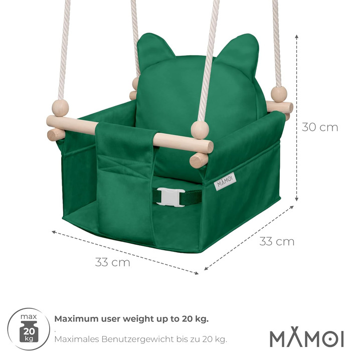 Дитяча гойдалка-колиска MAMOI з ременем безпеки, регульована висота 150-190 см, зелена. Гойдалка для дому, міцна конструкція, м'яке сидіння з велюру, легкий монтаж.