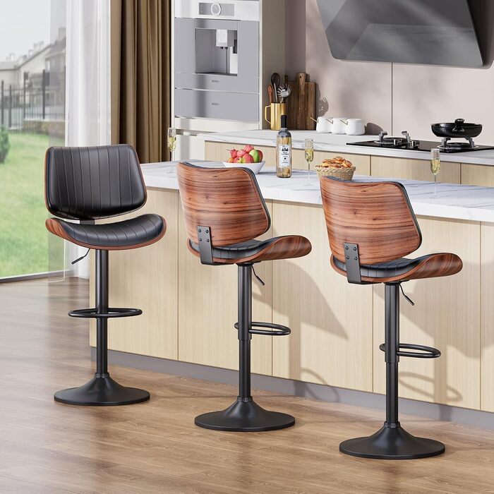 Набір з 2 барних стільців GIKPAL з дерев'яною спинкою та шкіряним сидінням, обертаються, чорний