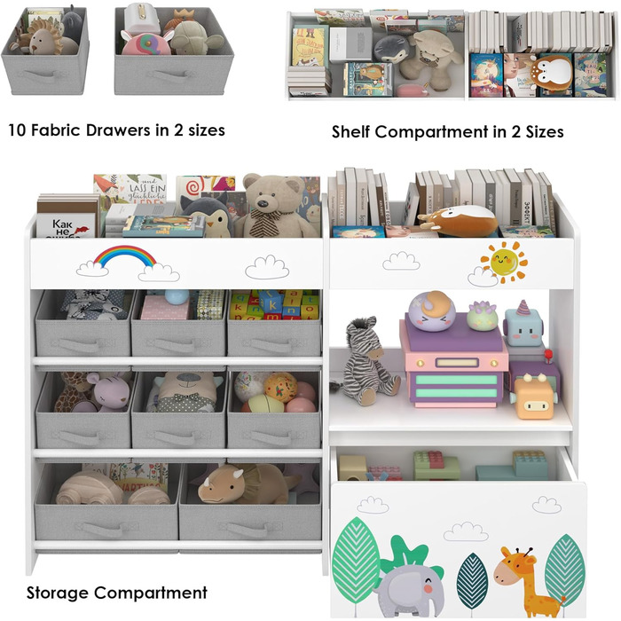 Дитяча полиця для іграшок HOCSOK з 10 тканинними коробками для зберігання, полиця для книг, іграшковий ящик на колесах, органайзер для іграшок у дитячій кімнаті, білий