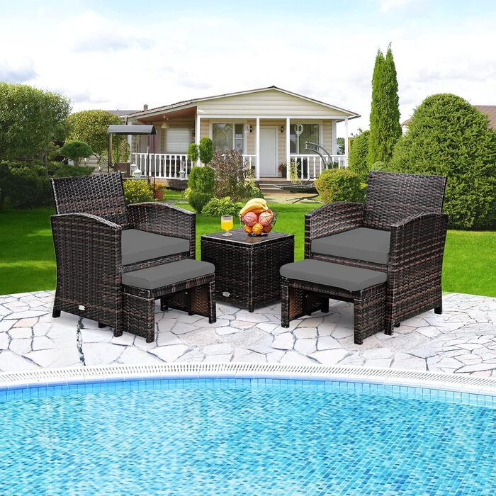 GIANTEX Набір садово-розслаблюючих меблів з ротангу для балкону/саду (2 крісла з пуфами), сірі подушки