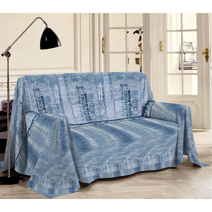 Плед для дивана, барвистий, візерунок Нью-Йорк 250 х 290 см - Універсальний плед для дивана з бавовни - Літнє покривало з гранфолардом двоспальне ліжко - (Синій, 2 площі - 250X290)